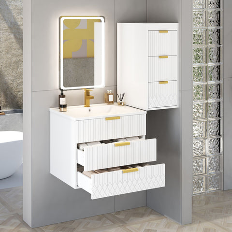 Wall Mounted Floating Cabinet With Side Cabinet Combo, Rectangular Ceramic Sink Vanity