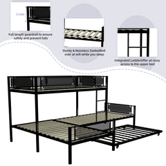 L Shape Metal Triple Bunk Bed With Trundle For 4 Kids, Heavy Duty Metal & Wood Construction - Black
