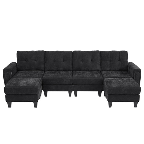 Modular Sectional Sofa With Movable Ottomans, USB Ports & Side Tables