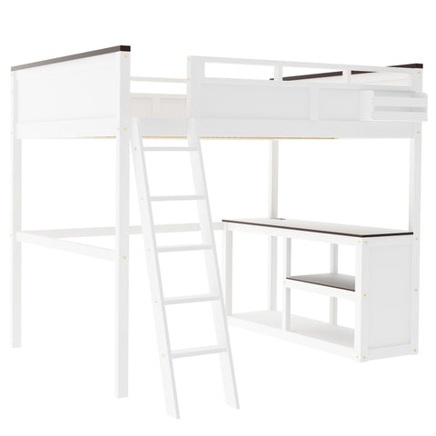 Queen Size Loft Bed With Desk, Open Shelf, Storage Box And USB Charging Station - White