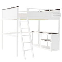 Queen Size Loft Bed With Desk, Open Shelf, Storage Box And USB Charging Station - White