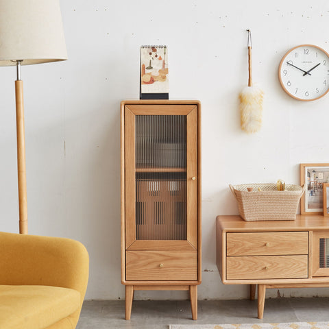 Free-Standing Corner Storage Cabinet With Vintage Glass Door, 2 Shelves, 1 Drawers & Brass Handle For Living Room - Natural