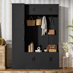 Tall Hall Tree With Shoe Storage, 4 In 1 Entryway Bench With 6 Cabinets, 4 Coat Hooks & Adjustable Shelf For Hallway - Black