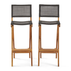 Outdoor Folding Acacia Wood Barstools With Rattan Backrest And Seat