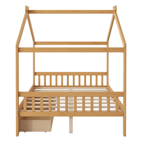 House Style Platform Bed With Headboard, Footboard, 2 Drawers, And Roof Design