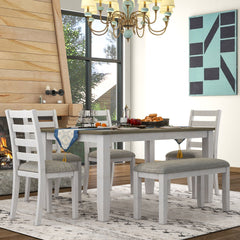 Rustic Style 6 Piece Dining Room Table Set With 4 Upholstered Chairs & A Bench - Brown / Whitewash