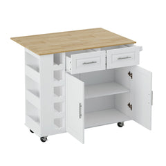 Kitchen Island Cart With 2 Door Cabinet, 2 Drawers, Spice Rack, Towel Holder, Wine Rack, And Foldable Top - White