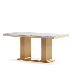 Marble Printed Top Rectangular Dining Table, Stainless Steel Base With Mirrored Finish