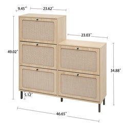 Modern Rattan 5 Door Shoe Storage Cabinet For Entryway Freestanding Design - Natural
