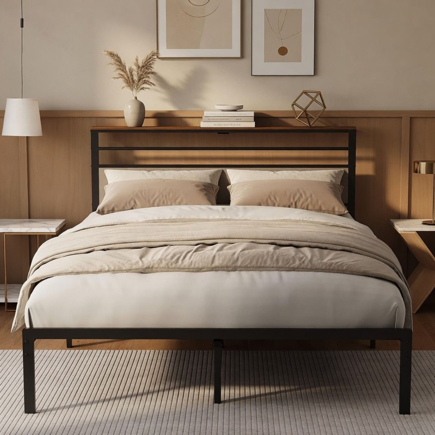 Platform Bed Frame With Charging Station & Headboard Shelves