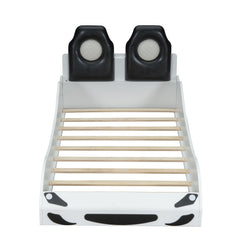 Race Car Shaped Platform Bed With LED And Upholstered Backrest In