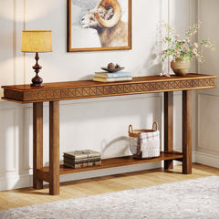 Extra Long Console Table, Sofa Table With 2 Tier Storage For Living Hallway - Rustic Brown
