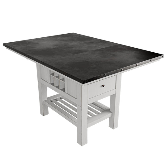 Counter Height Dining Table With 2 Leaves, Under Table Storage - Antique White / Gray
