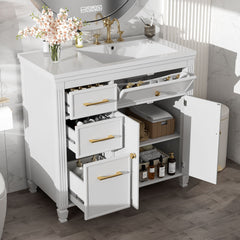 Modern Bathroom Vanity With Ceramic Sink, Freestanding, One Tip Out Drawer, 3 Side Drawers, Adjustable Shelf