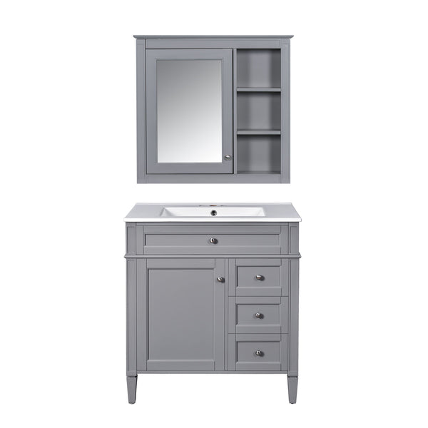 Bathroom Vanity With Top Sink, Freestanding Storage Cabinet With 2 Doors And 3 Drawers, Mirror Cabinet Included - Gray