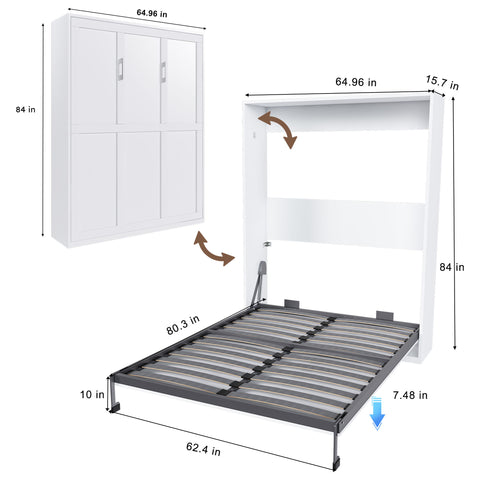 Queen Murphy Bed, Foldable Wall Bed, Space Saving Design For Bedrooms - White