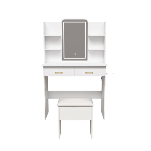 Vanity Desk With LED Lights Mirror, Power Outlet, Storage Drawers & Chair - White