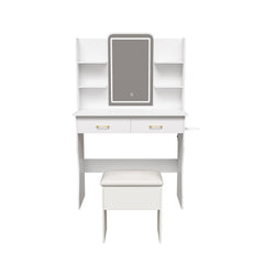 Vanity Desk With LED Lights Mirror, Power Outlet, Storage Drawers & Chair - White
