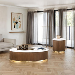 3 Piece Table Set Oval Cocktail Table, 2 Round End Tables - Brown / Gold / White