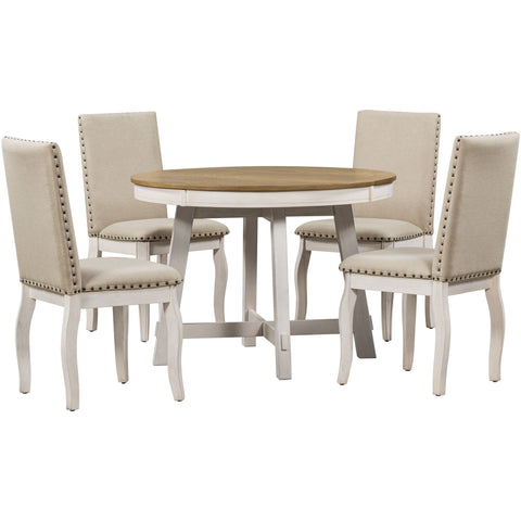 Farmhouse Dining Table Set Wood Round Extendable Dining Table And Upholstered Dining Chairs