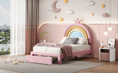 Upholstered Rainbow Design Bed, Velvet Princess Platform Bed With Storage Drawer