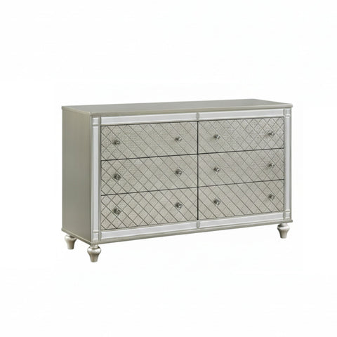 6 Drawer Bedroom Dresser With Diamond Patterned Drawer Fronts - Silver