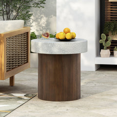 Mgo Cylindrical Side Table With Faux Stone Top And Wood Faux Base - Antique White / Natural