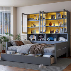 Daybed With Glass Door Storage Cabinets, Built In LED Lighting And Shelves