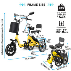 Folding Electric Trike With 350W Peak Motor, 480Wh Removable Battery, 2 Seat Design
