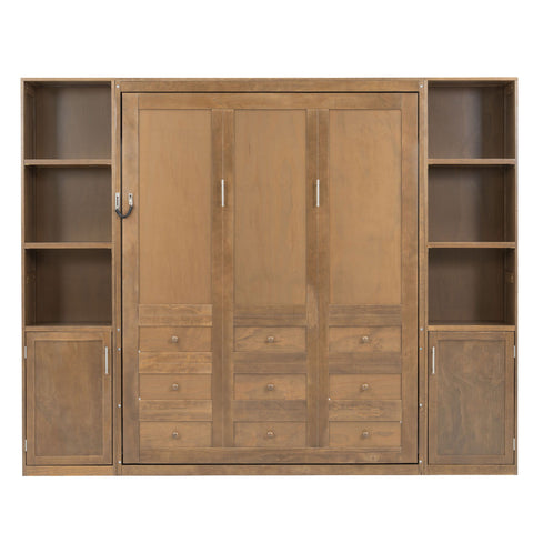 Queen Size Murphy Bed With Storage Shelves And Cabinets - Wood