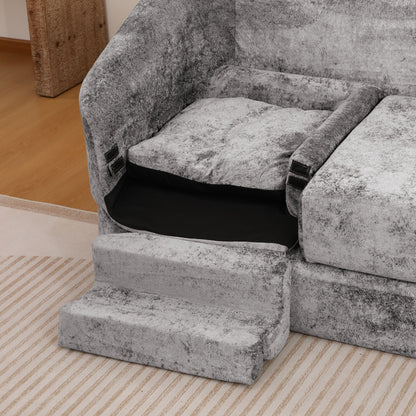 3 Seater Sofa With Built In Pet Bed Nook, Curved Design And 2 Throw Pillows