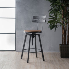 Rustic Metal Barstool With Wooden Seat - Black Brush Silver