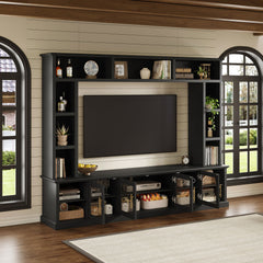All-In-One Entertainment Center With Bookshelves & Tempered Glass Doors, TV Console Unit For Living Room