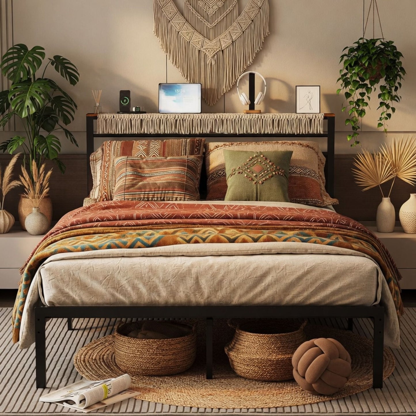 Platform Bed Frame With Charging Station & Headboard Storage