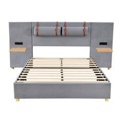 Upholstered Platform Bed, 2 Outlets And USB Charging Ports On Both Sides, 2 Bedside Pillows, Storage Shelves
