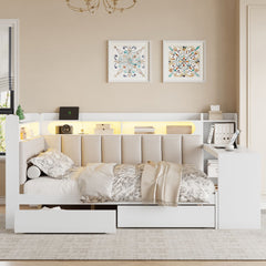 Daybed With Upholstered Headboard, Storage Shelves, Drawers, Charging Station, LED Light, And Adjustable Desk
