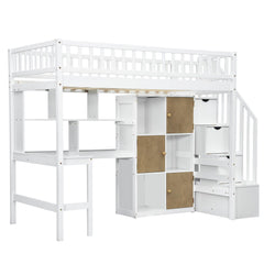 Loft Bed With Built In L Shaped Desk, LED Lights, Storage Shelves, Cabinets, And Staircase