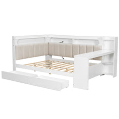 Daybed With Upholstered Headboard, Storage Shelves, Drawers, Charging Station, LED Light, And Adjustable Desk