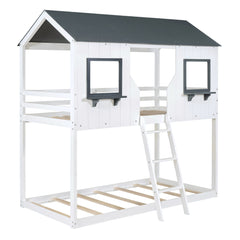 Twin Over Twin Bunk Bed With Roof, Window, Guardrail, Ladder