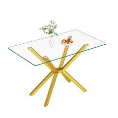 Rectangular Clear Tempered Glass Dining Table, Stylish Design With Plated Metal Legs