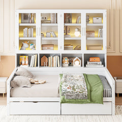 Daybed With Glass Door Storage Cabinets, Built In LED Lighting And Shelves