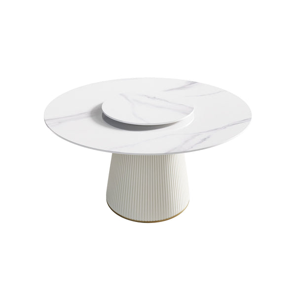 Modern Artificial Stone Round Plywood Base Dining Table, Can Accommodate 6 People, Artificial Stone Turntable (Not Including Chairs) - White / Beige