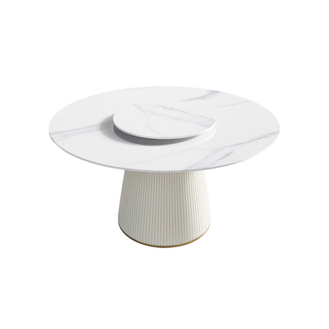 Modern Artificial Stone Round Plywood Base Dining Table, Can Accommodate 6 People, Artificial Stone Turntable (Not Including Chairs) - White / Beige