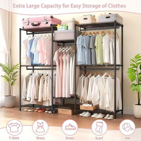 Heavy Duty Garment Rack With 8 Adjustable Wire Shelves And 5 Clothes Rails, Freestanding Closet Organizer Metal - Black