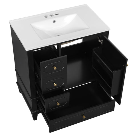 Bathroom Vanity With Sink, Freestanding Vanity Cabinet With Ceramic Basin, Soft Close Door, 3 Drawers