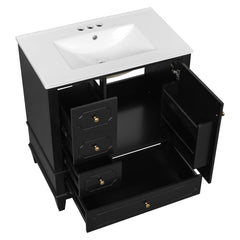 Bathroom Vanity With Sink, Freestanding Vanity Cabinet With Ceramic Basin, Soft Close Door, 3 Drawers