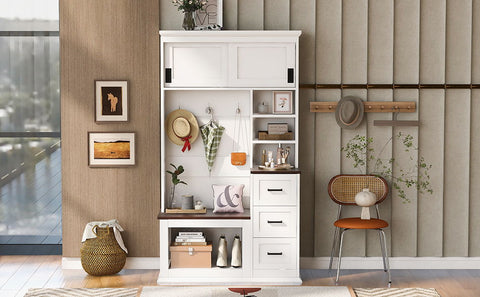 Modern Wide Hall Tree With Coat Rack, 3 Shelves And Drawers, 3 Sturdy Hooks