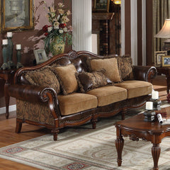 Dreena - Sofa With 5 Pillows - Two Tone Brown Synthetic Leather & Chenille Cherry