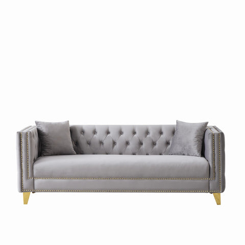 3 Seater Deep Seat Sofa, Sofa With Button Nailhead, Square Arm Couches, Furniture For Living Room - Gray