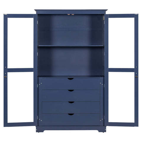 Kitchen Pantry, Freestanding Kitchen Storage Cabinet Display Cabinet With Glass Doors And 4 Built In Drawers For Living Room, Home Office - Blue